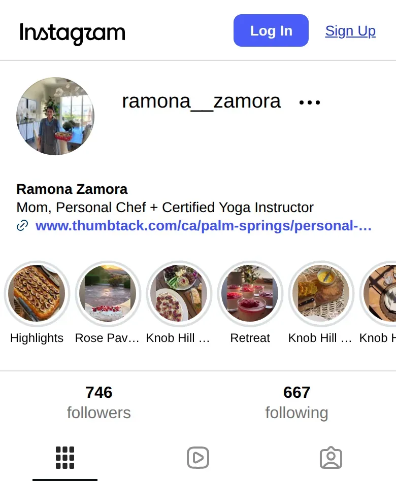 Ramona Zamora's Instagram profile, which links to her Thumbtack page